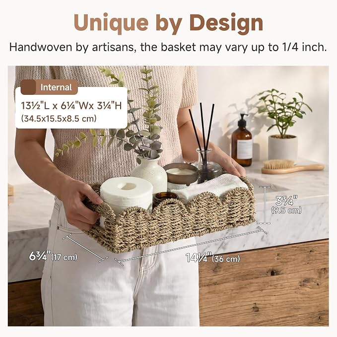 StorageWorks Wicker Scalloped Basket, Small Seagrass Baskets for Storage | Decorative Toilet Paper Basket with Handles for Countertops & Shelves, Back of Toilet Basket Tank Topper for Bathroom Decor