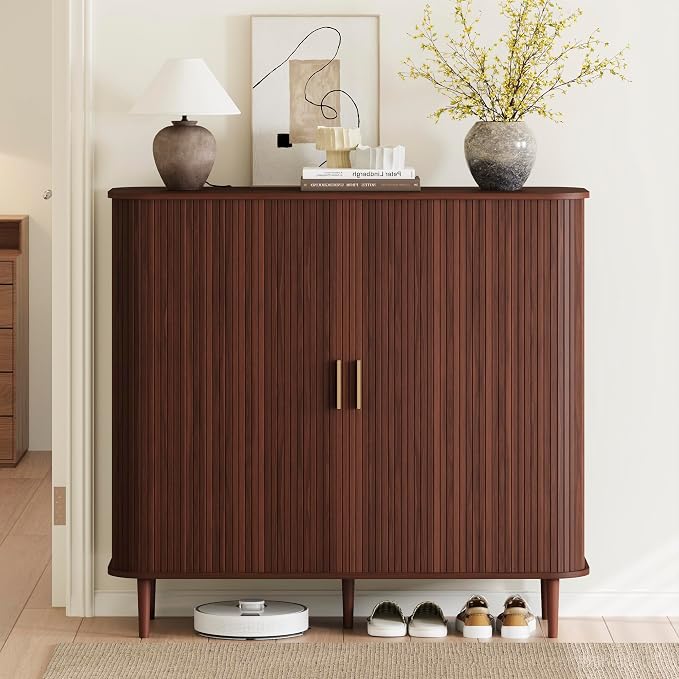 DHH Shoe Storage Cabinet with Sliding Door, 6-Tier Shoe Cabinet with Adjustable Shelves, Modern Freestanding Shoe Storage Organizer for Entryway, Hallway, Living Room (Walnut, 47 ")