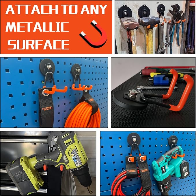 ULIBERMAGNET Heavy Duty Magnetic Garage Hooks,4 Pack Strong Large Magnet Hooks for Power Drill,Garden Tools,Hose,Pegboard,Garage, Workshop,Magnetic Storage Hooks for Indoor Outdoor Hanging(Orange)