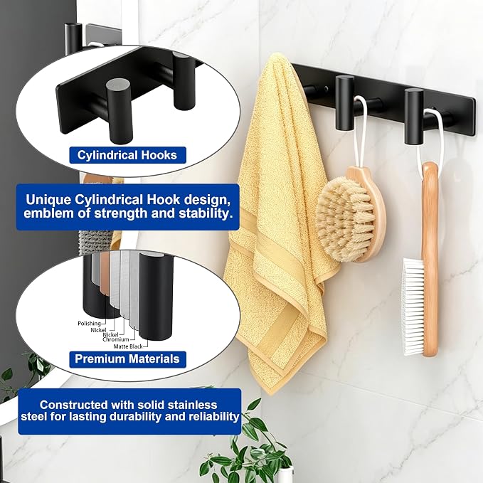 Matte Black Coat Rack Wall Mount - 3 Hooks, Heavy Duty Stainless Steel Wall Hooks for Towels, Coats, Robes, Bags, Hats, Keys, Wall Coat Hanger for Bathroom, Entryway, Kitchen, Hotel, Bedroom, Office