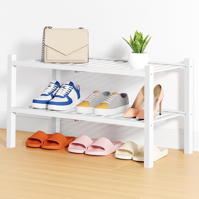Smiry Bamboo Shoe Rack, 14 Vertical Slats, 2 Tier - 26.8" Wide, White | Stackable Free Standing Wooden Shoe Organizer, Wood Shoe Storage Shelf for Closet, Entryway, Thicher Leg