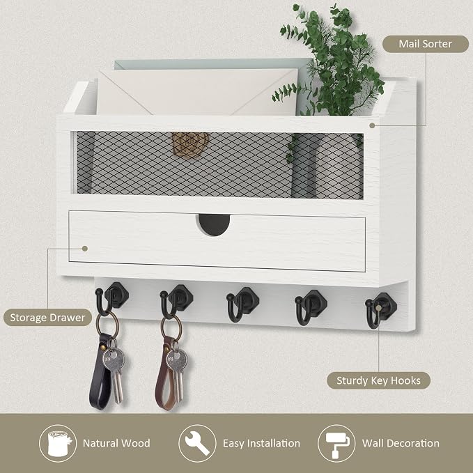 Nekon Key and Mail Holder for Wall, Key Organizer with 5 Hooks & Storage Drawer, 11" W x 7.9" H x 3.1" D Wooden Key Rack for Entryway and Home Decor (White)