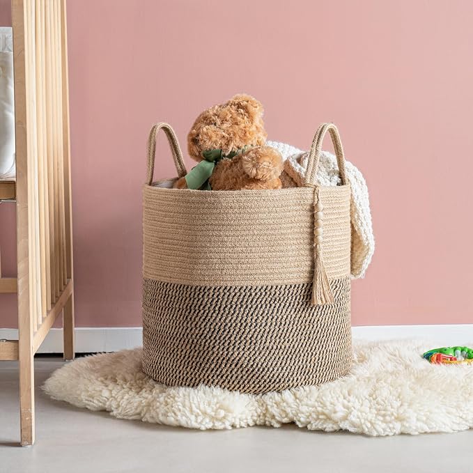 Mkono Woven Storage Basket Decorative Rope Basket Wooden Bead Decoration for Blankets,Toys,Clothes,Shoes,Plant Organizer Bin with Handles Living Room Home Decor, Yellow and Black, 16" W × 13.8" | Yellow and Black, Decorative Basket with Handle, Wood Be...
