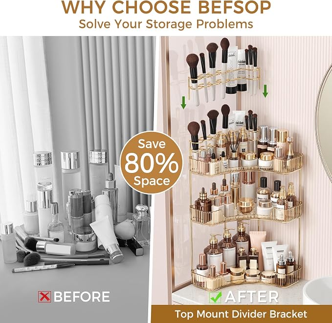 BEFSOP Corner Bathroom Counter Organizer, Upgraded 3-Tier Makeup Organizer Countertop with Makeup Brush Holder, Skincare Exquisite Vanity Organizers Countertop Bathroom Storage Dresser(GOLD)