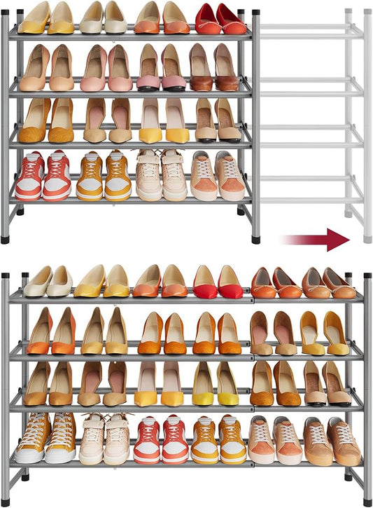 Expandable Shoe Rack for Closet 4 Tier, 28“-41“Stackable, Grey | Adjustable Shoe Organizer Closet Shoe Rack Floor, Metal Shoe Shelf Storage for Entryway, Closet, Garage, Front Door Entrance