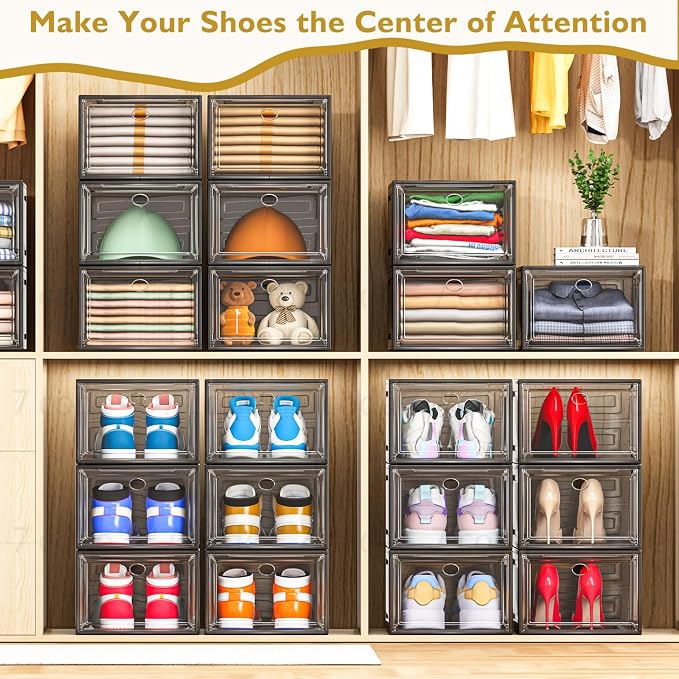 Sturdy Clear Shoe Organizer with Magnetic Door, Stackable Shoe Storage Box | Thick Plastic Shoe Storage for Sneakers & Boots, Collapsible Closet Shoe Rack and Clear Shoe Box, 6 Pack Black