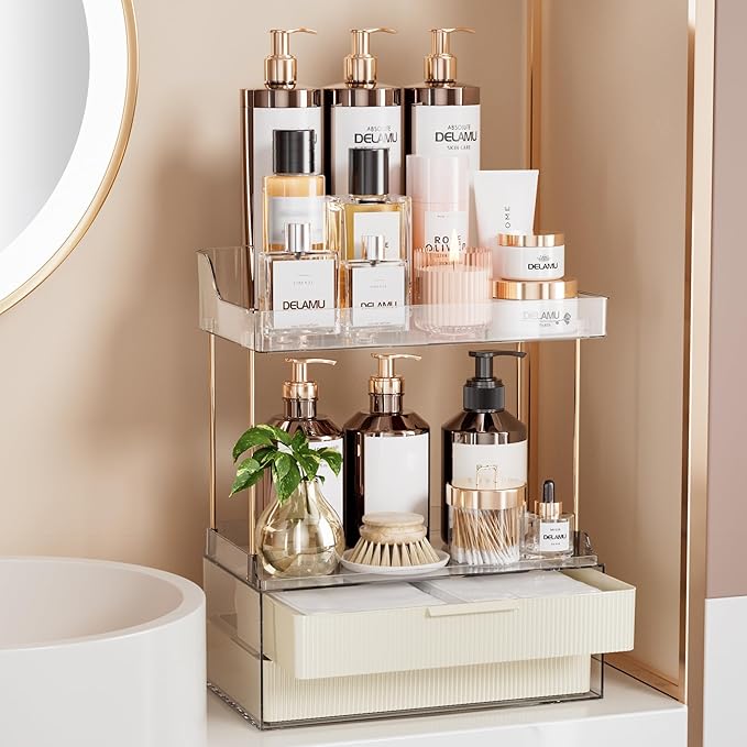 Delamu 4-Tier Makeup Organizer, Bathroom Counter, 2 Drawers,Cream White | Elegant Vanity Organizer Gift for Women, Holds Perfume, Skincare, Nail Polish & Hair Accessories for Bathroom Countertop
