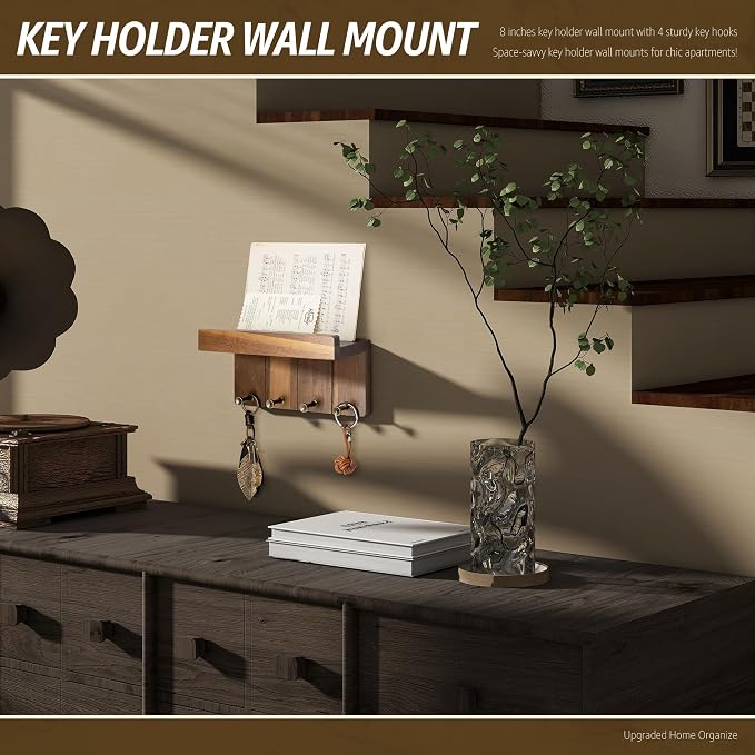 Rebee Vision Acacia Wood Key Holder Wall Mount for Room Decor, Brown | Small Key Holder for Wall, 4 Key Hooks, Shelf, Plant Display, Home Essentials, Home Decor, Compact Entryway Storage