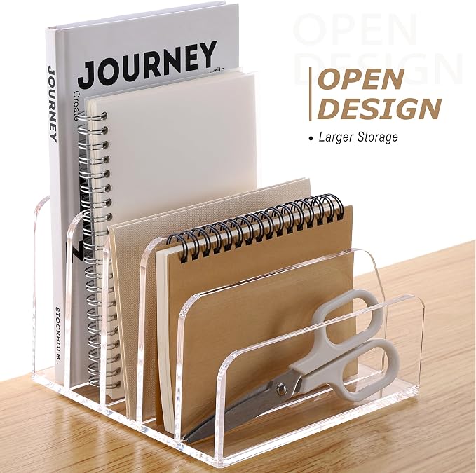 SANRUI Acrylic Desk Mail Organizer Sorters, Clear Letter Holder 5 Slot | Laddered File Desktop File Holder, Multifunction Envelope Vertical Folder Racks Document Holders for Office, Home, School