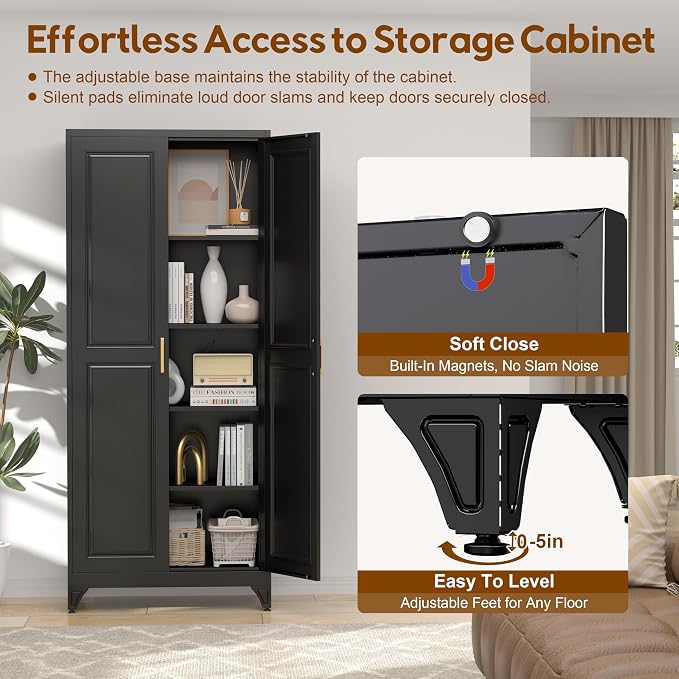 UNICOLY 75" Kitchen Pantry Cabinet, Metal Tall Storage Cabinet with Doors | Kitchen Storage Cabinets with 4 Shelves,Pantry Storage for Kitchens, Living Room, Dinning Room, Assembly Required, Black
