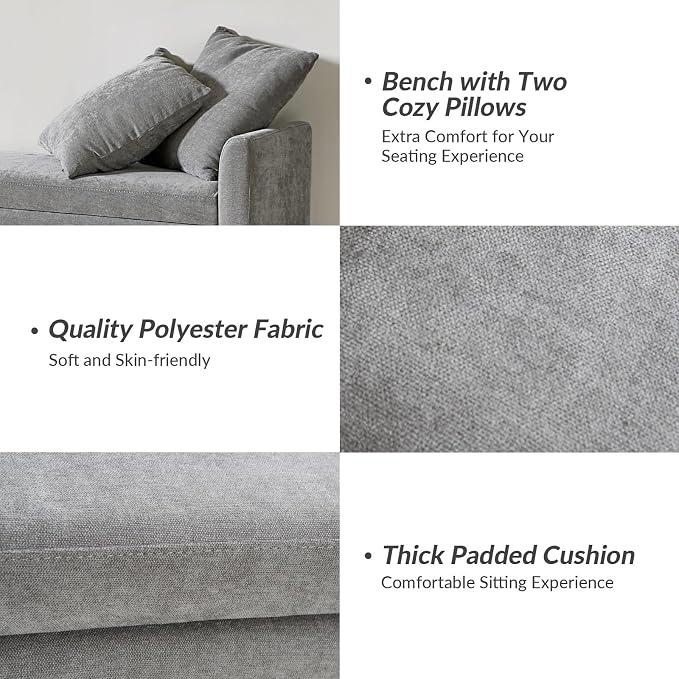 HULALA HOME 59" Storage Bench with 2 Throw Pillows & Armrests, Grey | Modern Long Bedroom Bench for End of Bed, Comfy Upholstered Fabric Footstool for Entryway Living Room