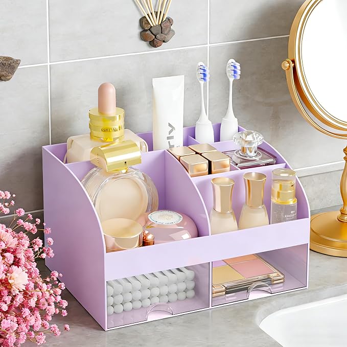 Makeup Organizer with 2 Drawers, Cosmetic Storage for Dresser Vanity and Bathroom Countertop,Make up organization and Skincare Storage with Beauty Brush Holder, Cosmetic Display Case (Purple)