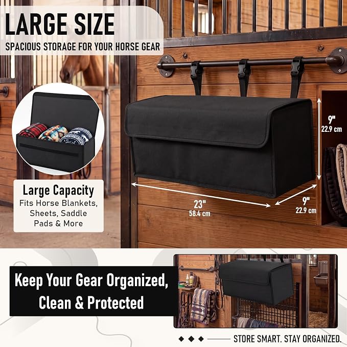 Horse Blanket Storage Bag for Fly Sheets,Black,23 x 9 x 9 in | 600D Waterproof Oxford Tack Organizer, Heavy Duty Hanging Horse Blanket Holder, Stall Front Storage Bag for Horse Blankets
