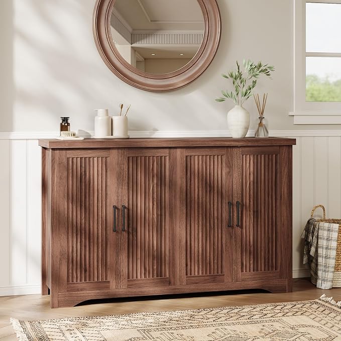 55" Fluted Sideboard Buffet Cabinet with Storage,Walnut | Modern Credenza with 4 Doors & Adjustable Shelves,Coffee Bar Table Console for Dining Room Kitchen Living Room Entryway