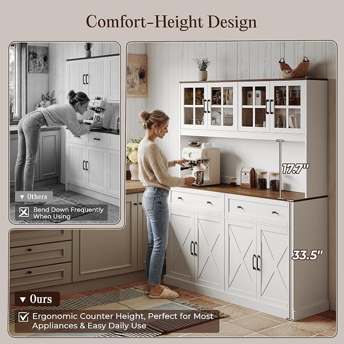 71''H x 55.1''W Pantry Cabinet with Charging Station, 4 Wide Cabinets Kitchen Pantry with 2 Drawers, Farmhouse Hutch Storage Cabinet, Tall Coffee Bar, Acrylic Door, Adjustable Shelves, White