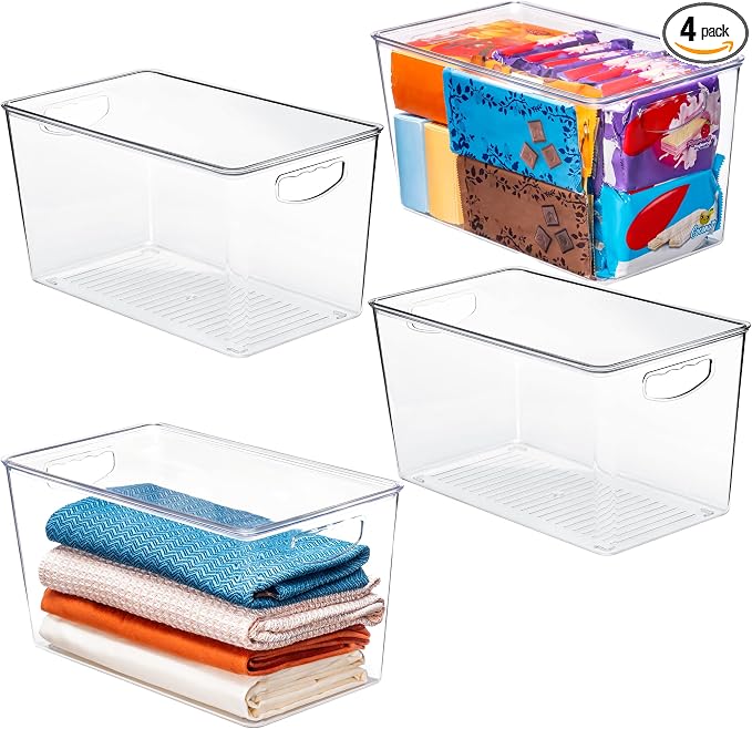theaoo XLarge Clear Storage Bins with Lids, Stackable Containers, 4 Pack | Pantry Organization And Storage For Kitchen, Fridge, Garage And Cabinets. Clear Design Keeps Items Organized