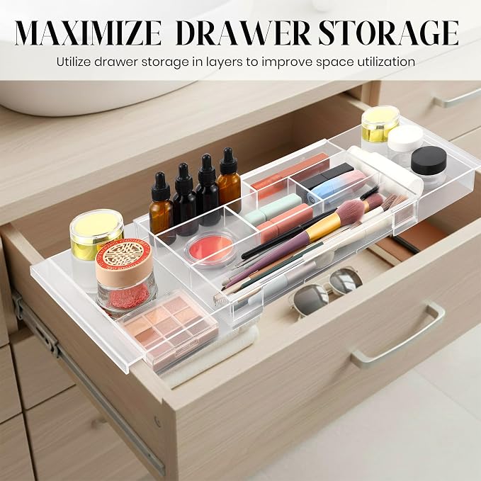 2pack Shallow Expandable Drawer Organizer, Adjustable 12.5”–20” Clear Plastic Drawer Organizer Tray for Vanity Bathroom Desk Kitchen Drawers, Multi Compartment Storage