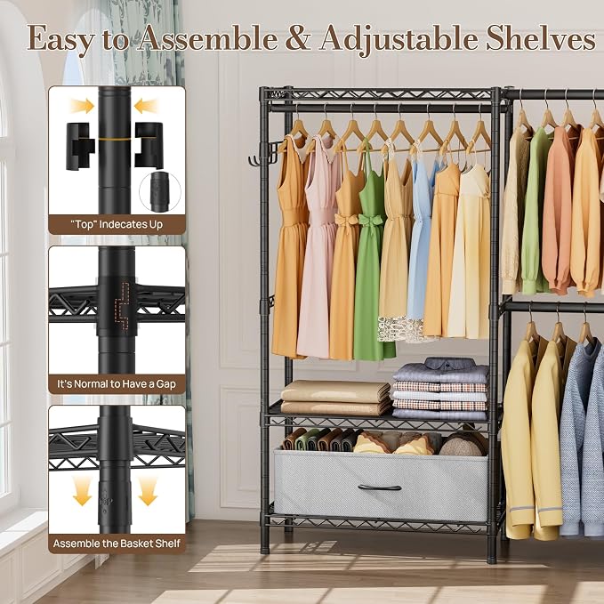 Golpart Heavy Duty Clothing Rack with Adjustable Shelves Clothes Wardrobe | Coat Rack Metal Closet Organizer and Storage Garment Rack for Hanging Clothes Wire Portable Cloth System Free Standing Black