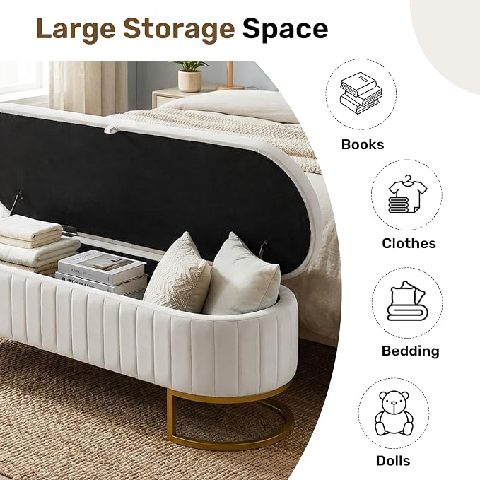 51" Velvet Storage Ottoman Bench End of Bed for Bedroom Entryway Beige