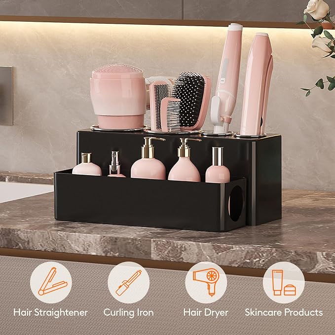 Lifewit Hair Tool Organizer Dryer Holder Countertop with 4 Cups, Black | 4 Stainless cups Tools Organizer, Acrylic body Hair Product Storage for Curling Iron, Brush, Straightener, Bathroom