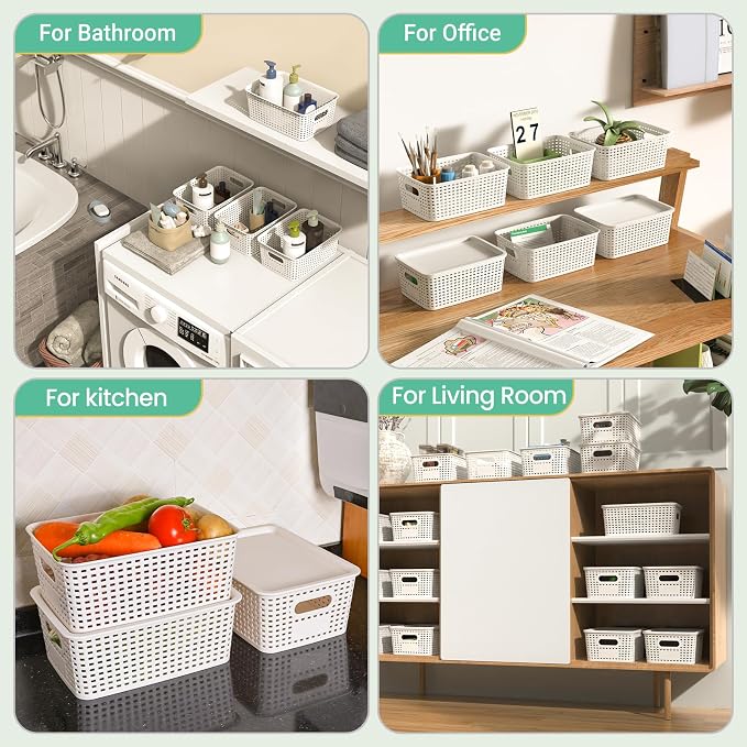 Plastic Storage Baskets with Lid-Plastic Storage Containers Stackable Storage bins: Storage Baskets for Organizing Shelves Drawers Desktop Closet Playroom Classroom Office,8 Pack-White10.2x7.2x4.1Inch