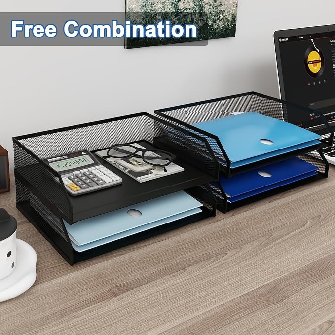 Natwind 4-Tier Stackable Metal Mesh Paper Organizer with Sliding Tray,Black | Desk Organizer for Office Supplies, Letter Tray For Desktop,File Holder For Home School Classroom Organization