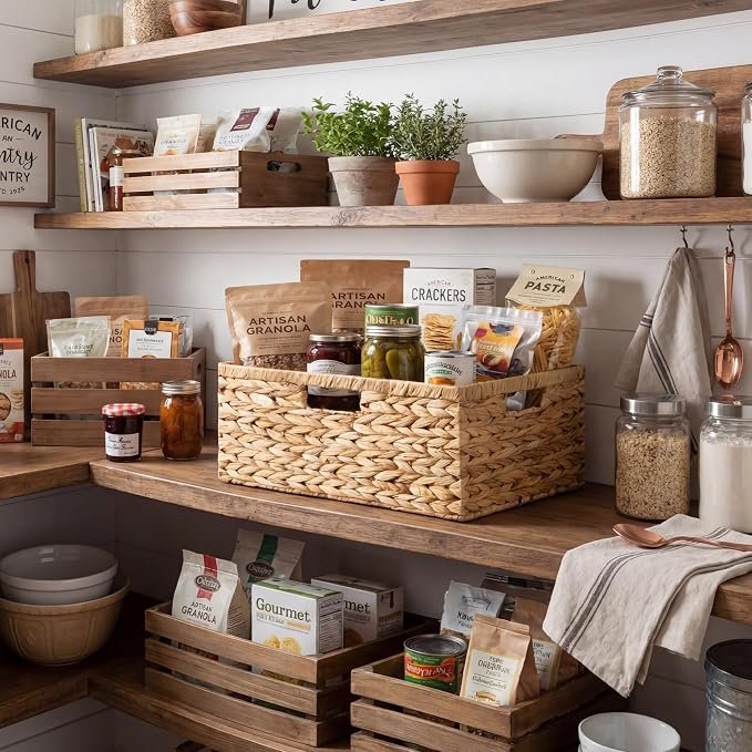 GRANNY SAYS Wicker Storage Basket for Shelves, Extra Large Water Hyacinth Wicker Basket, Woven Basket for Storage, Rectangular Shelf Basket with Handles for Pantry Shelves,1-Pack