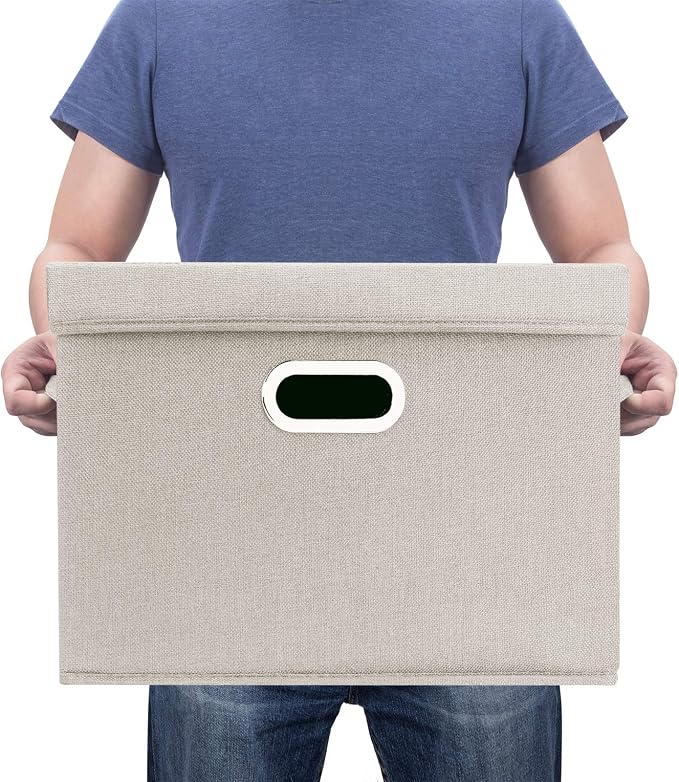 Collapsible Storage Bins With Lids, Large Fabric Storage Boxes - 2 Pack - Beige