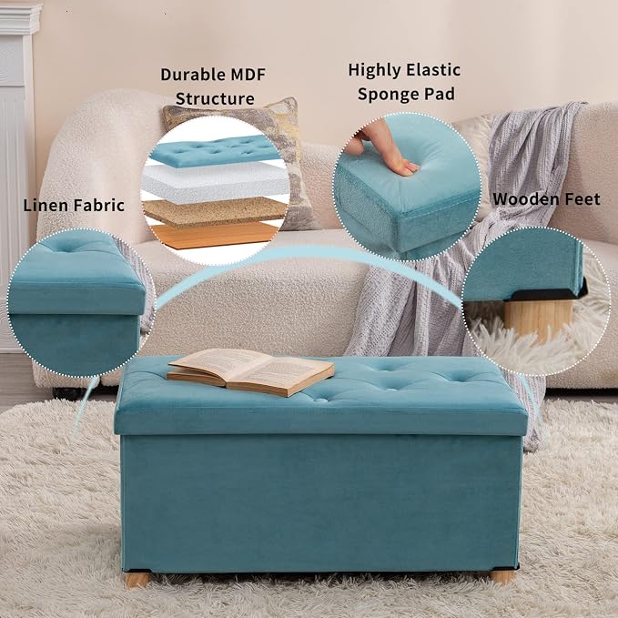 BRIAN & DANY 30 Inches Folding Storage Ottoman Bench, Ottoman with Storage for Living Room, with Wooden Feet and Lid, Teal