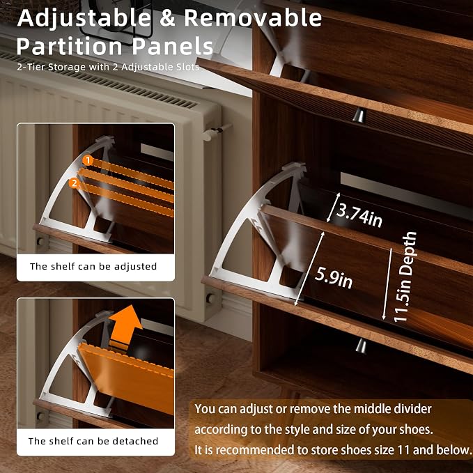 Fsbecl Shoe Storage Cabinet for Entryway with 3 Fluted Flip Drawers, Walnut | 23.6'' Narrow Freestanding Shoe Rack with Adjustment Shelves, Wooden Hidden Organizer for Hallway Foyer, 12-18 Pairs