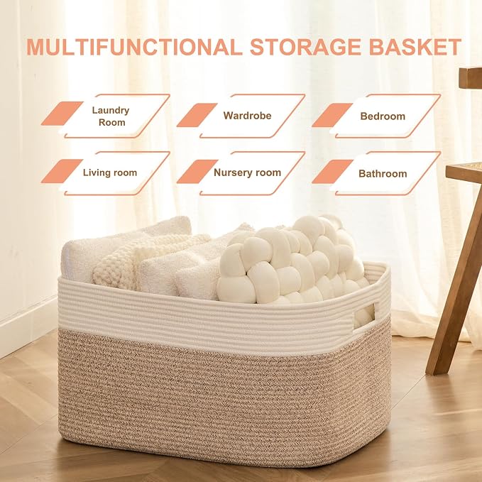 75L Large Cotton Rope Basket, Soft Toy Storage Bin for Nursery & Living Room, Decorative Blanket Basket for Bedroom, Baby-Safe Organizer for Pillows &Laundry, 22''×17''×12'', Brown and White