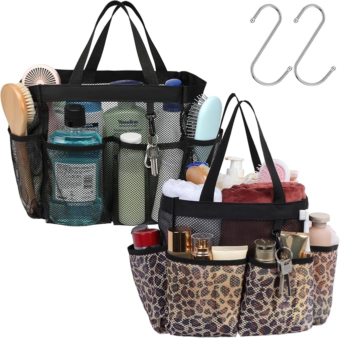 Mesh Shower Caddy Portable - 2 Packs, S-Hook, Shower Bag for Dorm Camping | 8 Pockets, 2-Handle, Quick-Dry, Hanging College Dorm Room Essentials for Girls, Gym, Travel & Bathroom, Black & Leopard