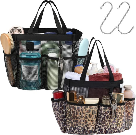 Mesh Shower Caddy Portable - 2 Packs, S-Hook, Shower Bag for Dorm Camping | 8 Pockets, 2-Handle, Quick-Dry, Hanging College Dorm Room Essentials for Girls, Gym, Travel & Bathroom, Black & Leopard