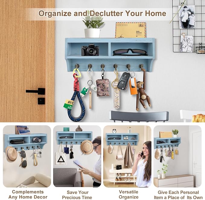 Key Holder Wall Mount with Mail Organizer, 6 Hooks & Shelf, Blue | Wood Key Holder Wall Mount with 6 Key Hooks, Shelf & Storage Box and Mail Organizer for Entryway, Apartment, Home and Office