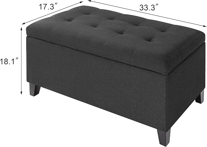 Storage Ottoman Bench, Tufted Fabric Upholstered End of Bed Bench with Safety Hinge Wooden Legs, for Entryway Bedroom (Cotton and Linen Black, 33.3")