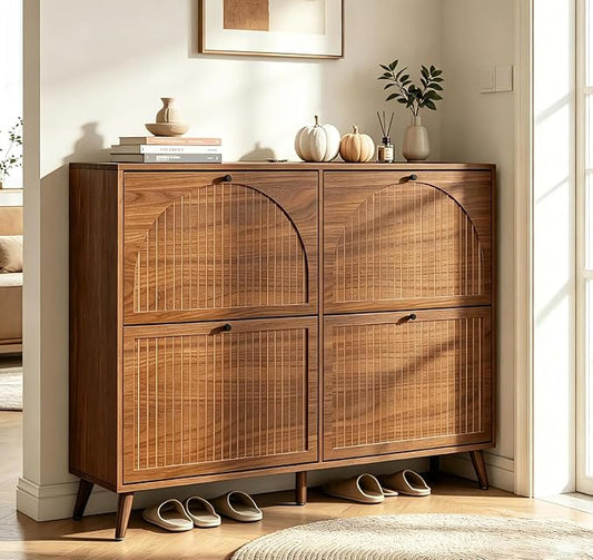 Fsbecl Shoe Storage Cabinet for Entryway with 4 Fluted Flip Drawers, Walnut | Narrow Design, Freestanding Shoe Rack with Adjustment Shelves, Wooden Hidden Organizer for Hallway Foyer, 16-24 Pairs