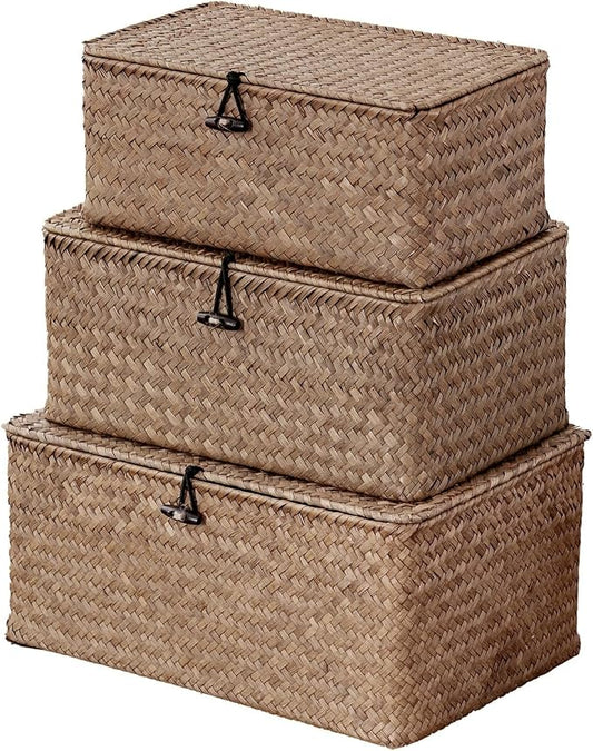 Nonam Seagrass Storage Baskets with Lid Set of 3,Wicker Basket Storage Bin for Shelves,Rectangular,Boho Decor,Handwoven Shelf Basket for Organizing-Storage Container Box for Home Organization-Coffee