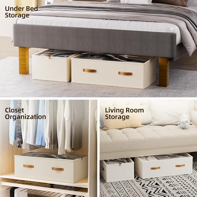FHSQX 4 Pack Under Bed Storage Bins,10 Inch Tall,Beige, 31.5x15.8x10 inch | Clear Window, For Closet, Bed Sheets and Blankets