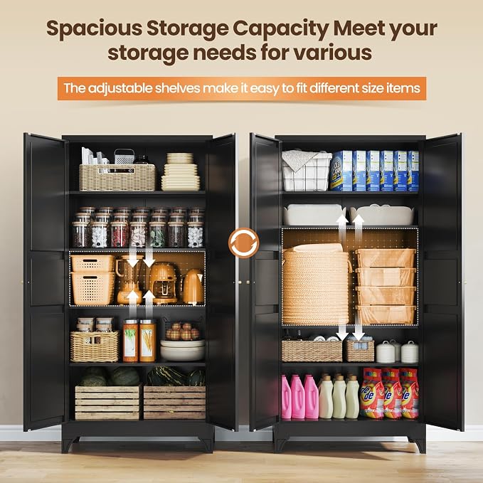 Yizosh Metal Storage Cabinet with 2 Doors and 4 Adjustable Shelves,- 72" Black Kitchen Pantry Storage Cabinet for Kitchen,Living Room,Dining Room