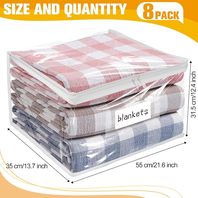 Kikerike Plastic Storage Bags with Easy-Glide Zipper, Pack of 8, Durable Clear Vinyl Zippered Storage Bags for Clothes Sweaters Comforters Blankets Sheets Bedding (21.6 x 13.7 x 12.4 Inch, White)