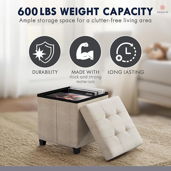 Ornavo Home Square Cube Storage Ottoman with Legs, 15x15x15, Beige | Foot Rest Stool Seat; Holds Up to 600 lbs; Ideal for Living Room, Bedroom, Home Office or Dorm