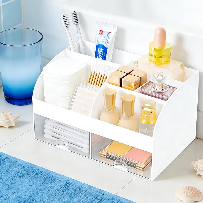 Makeup Organizer with 2 Drawers, Cosmetic Storage for Dresser Vanity and Bathroom Countertop,Make up organization and Skincare Storage with Beauty Brush Holder, Cosmetic Display Case 2Pcs White