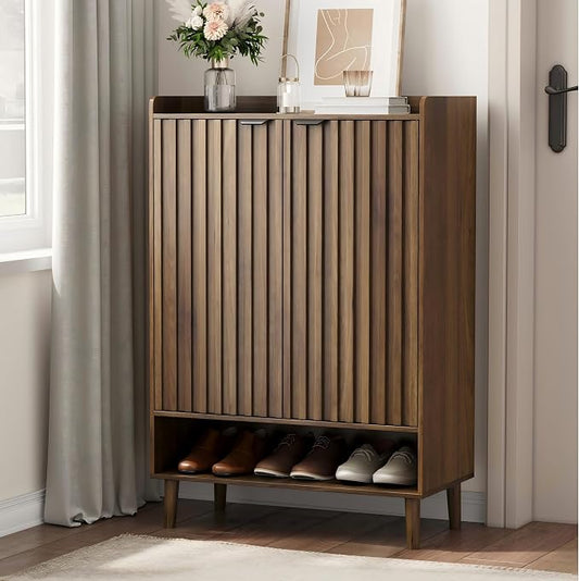 Smart FENDEE Large 6-Tier Shoe Storage Cabinet with Fluted 2 Doors, 44" Tall Freestanding Entryway Shoe Cabinet with Adjustable Shelves,(Walnut