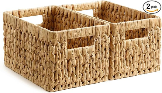 StorageWorks Wicker Basket, Baskets for Organizing, Storage Basket with Built-in Handles, Water Hyacinth Shelves (Medium 2-Pack, Natural Hyacinth)