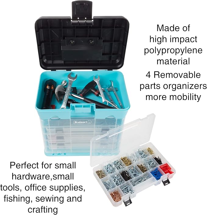 Small Parts Organizer Box - 10-Inch Portable Storage Case with 4 Removable Multi-Compartment Trays for Screws, Beads, Small Fishing Tackle, Hardware, and Craft Supplies by Stalwart (Light Blue)