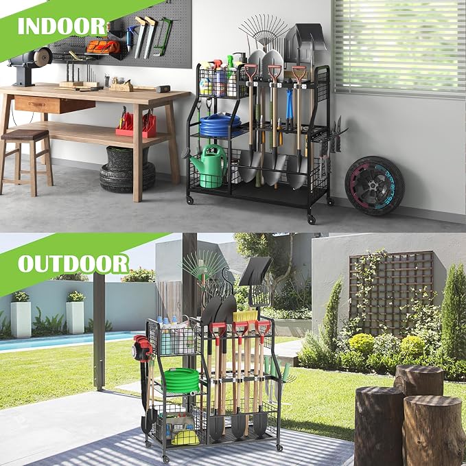 keomaisyto Garden Tool Holder Organizer with Heavy Duty Wheels for Garage | Large Yard Tool Organizer with 2 Baskets, Utility Garden Tool Rack for/Shed/Garage/Yard/Basement/Lawn