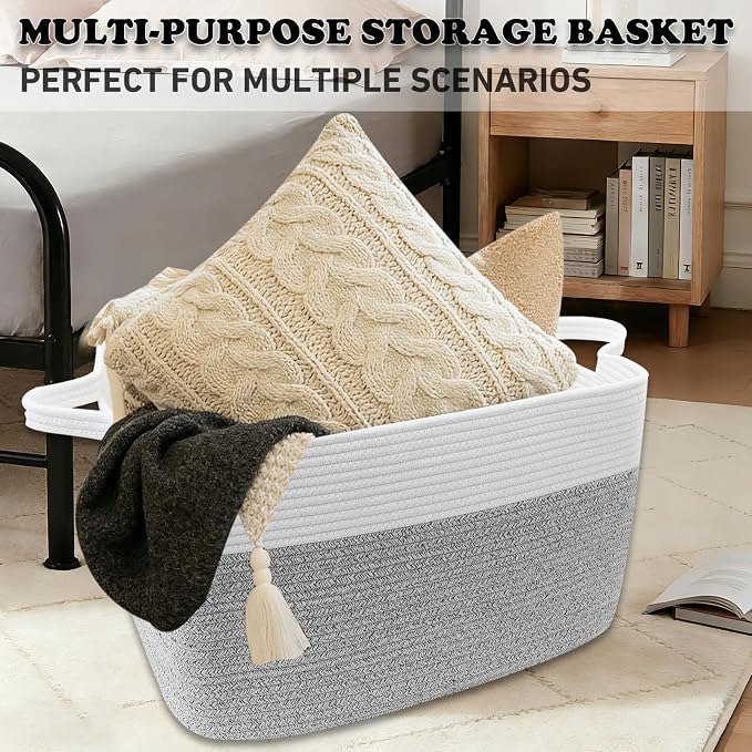 96L XXXLarge Woven Laundry Basket with Sturdy Handles - White/Grey | Machine washable,Space-Saving Collapsible Design,Cotton rope, blanket basket living room,for toys clothes nursery bathroom