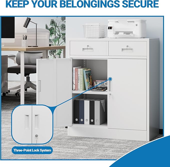 Metal Storage Cabinet, 36" Locking Cabinet with Adjustable Shelves for Garage, Office (White, 2 Drawers)