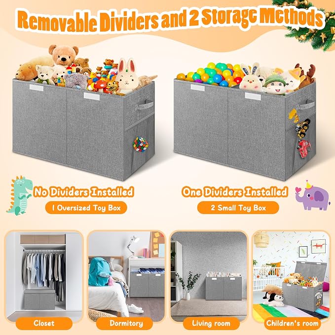 Large Toy Storage Box with Lid & Dividers, Collapsible Kids Toy Chest, Gray | Toy Box for Boys, Girls, Nursery, Bedroom, Living Room, Playroom, 25 x 13 x 16 inches