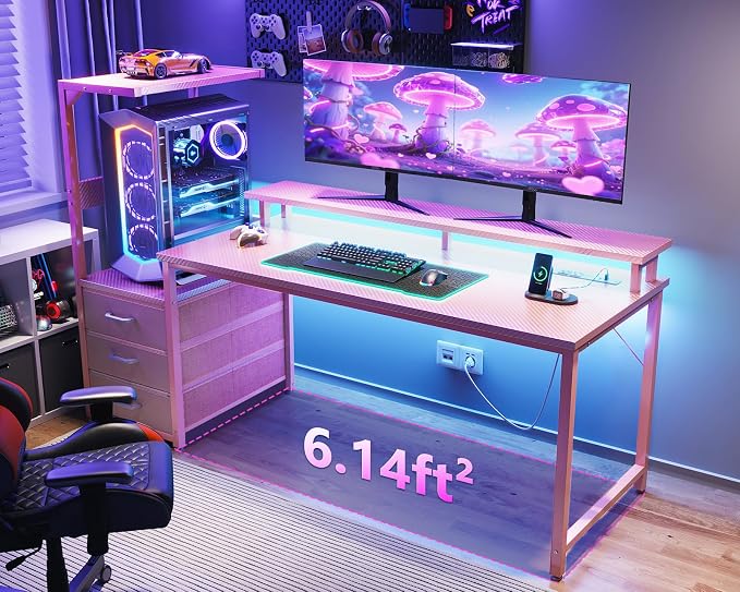 AODK 59 Inch Gaming Desk with USB Charging Ports & LED Light- Reversible Computer Desk with Storage Shelves & Monitor Stand, Modern Gamer Desk Table with Fabric Drawers, Pink